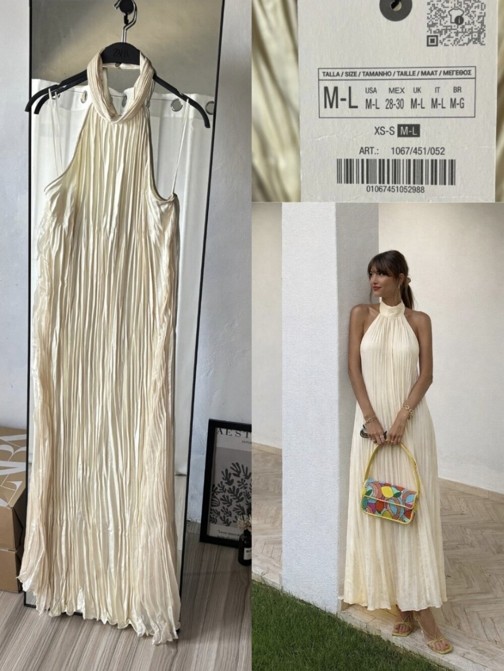 NWT ZARA LONG PLEATED DRESS Light Beige Satin Size S
